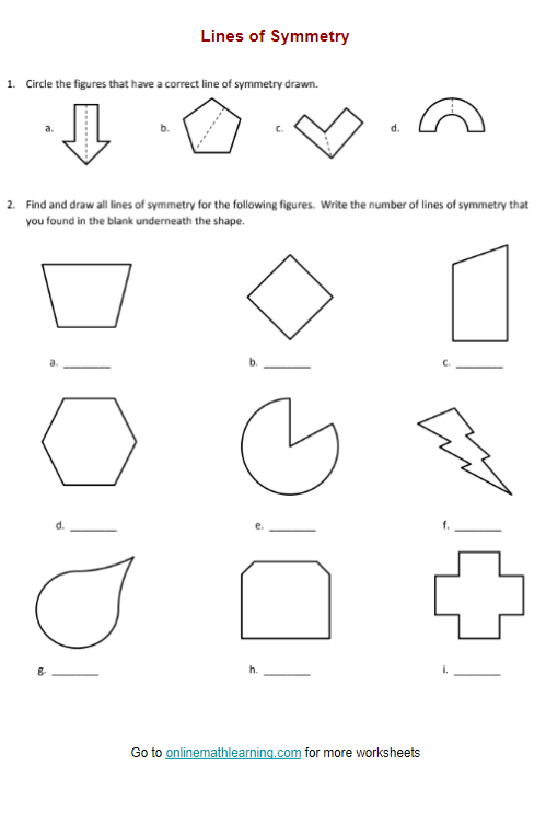 Fourth grade math worksheet featuring nine geometric shapes for students to draw a line of symmetry 20