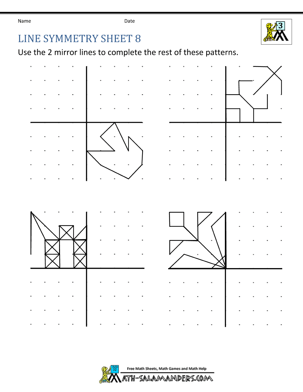 Fourth grade math worksheet featuring nine geometric shapes for students to draw a line of symmetry