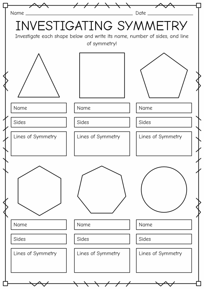 Printable worksheet featuring lines of symmetry for fourth graders