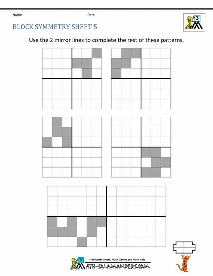 Printable worksheet focused on drawing lines of symmetry for geometry practice. Fourth grade geometry worksheet on symmetry skills enhancement.