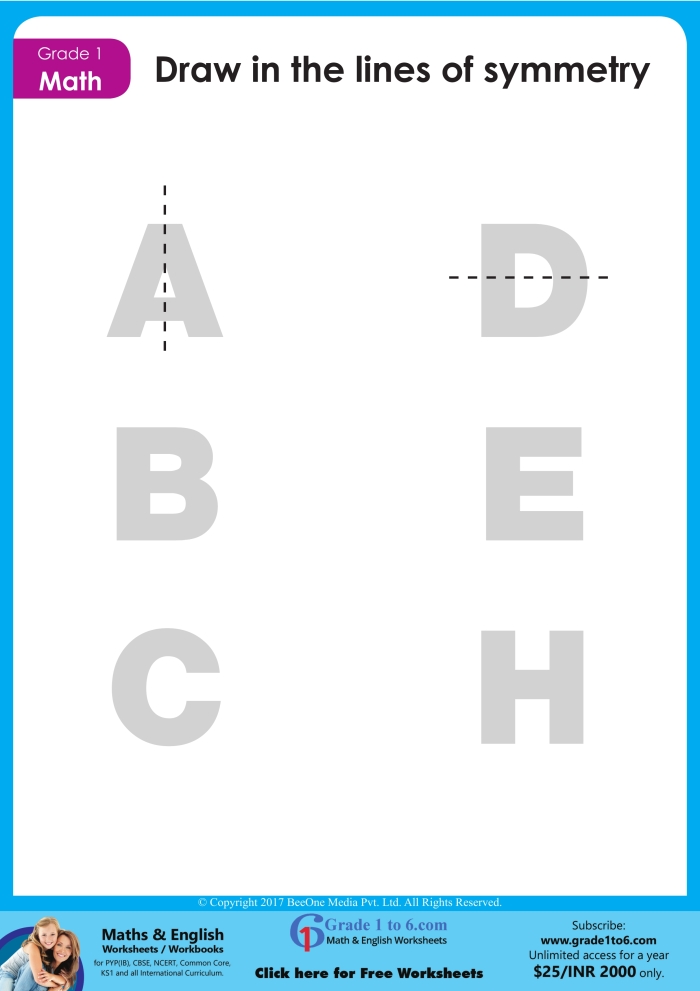 Fourth grade math worksheet featuring nine geometric shapes for students to draw a line of symmetry 22