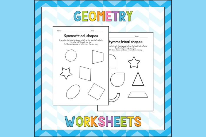 Printable worksheet featuring lines of symmetry for fourth-grade geometry practice