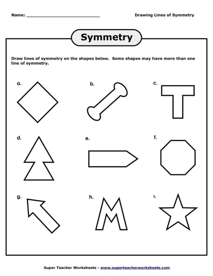 Worksheet featuring shapes for drawing lines of symmetry for fourth graders