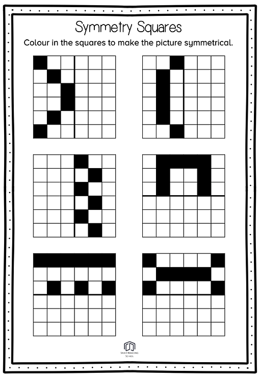 Writing worksheet for Fourth Grade Worksheet featuring six shapes for students to identify symmetry. Symmetrical Shapes worksheet for fourth graders.
