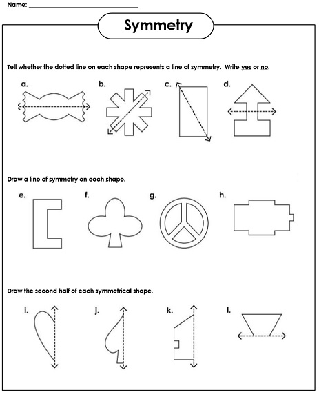 Symmetrical Shapes Worksheet for Grade Four Students Worksheet showing six shapes for identifying symmetry in fourth-grade math