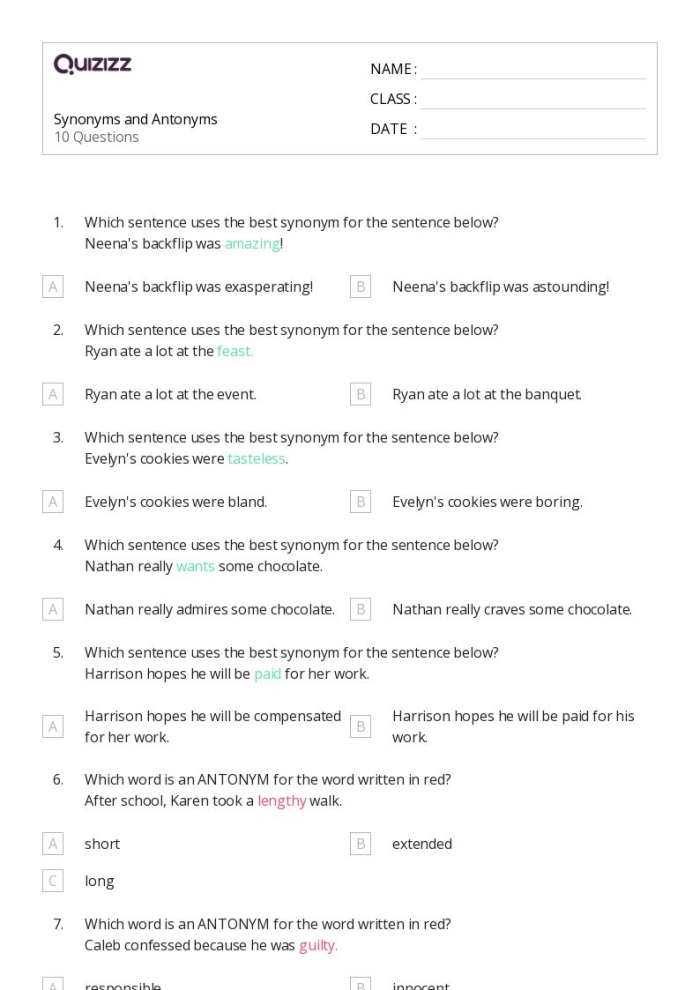 Fourth grade worksheet showing synonym and antonym practice exercises