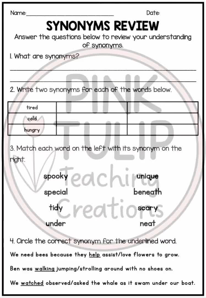 Fourth grade student matching synonym pairs for the words happy and excited on a printable vocabulary worksheet