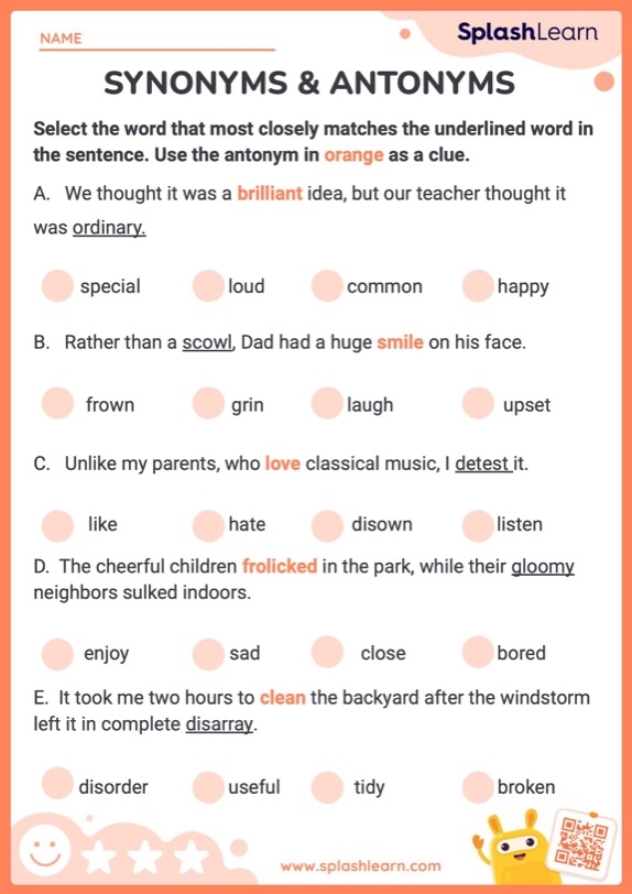 Fourth grade worksheet featuring vocabulary exercises for identifying synonyms and antonyms