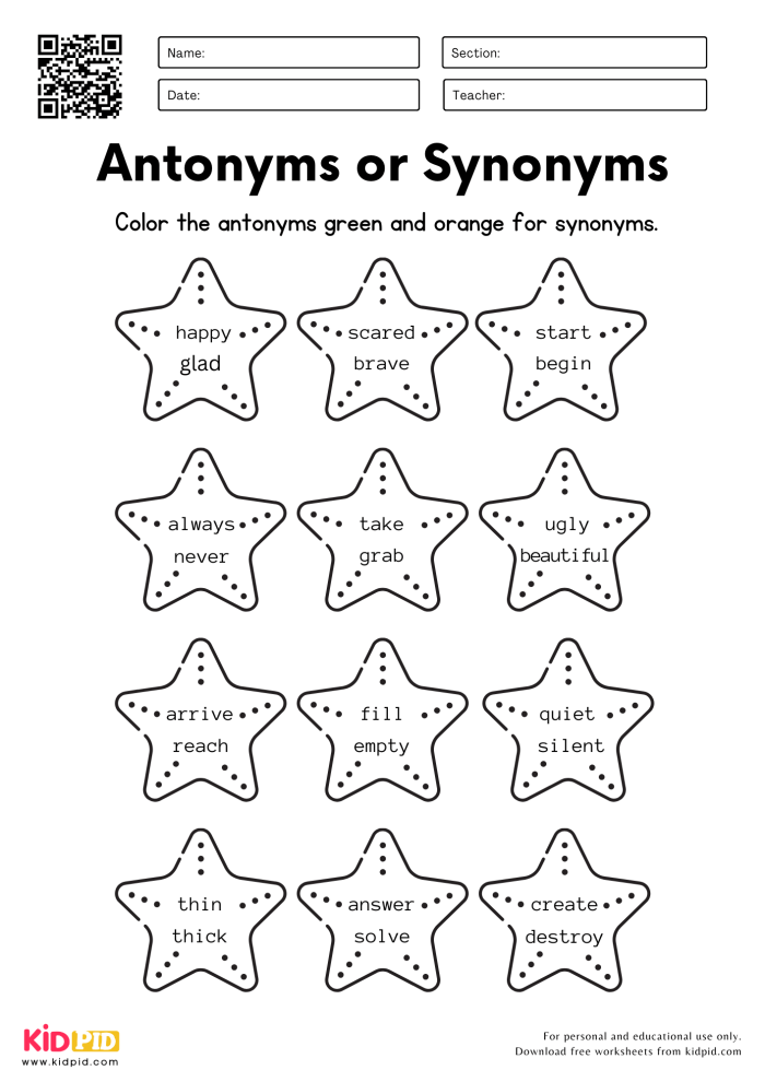 Worksheet for fourth graders focusing on synonyms and antonyms practice