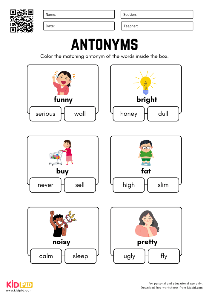 Worksheet for identifying synonyms and antonyms for fourth and fifth graders