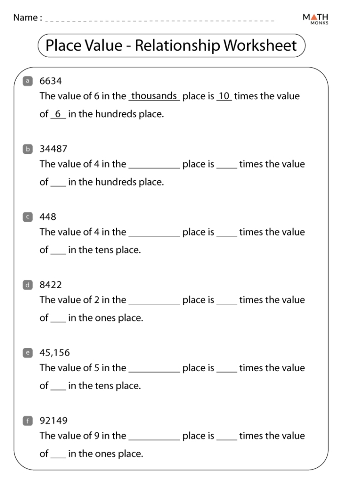 Worksheet for practicing place value up to ten thousands for fourth graders. Practice Place Value: Ten Thousands worksheet for fourth grade students.