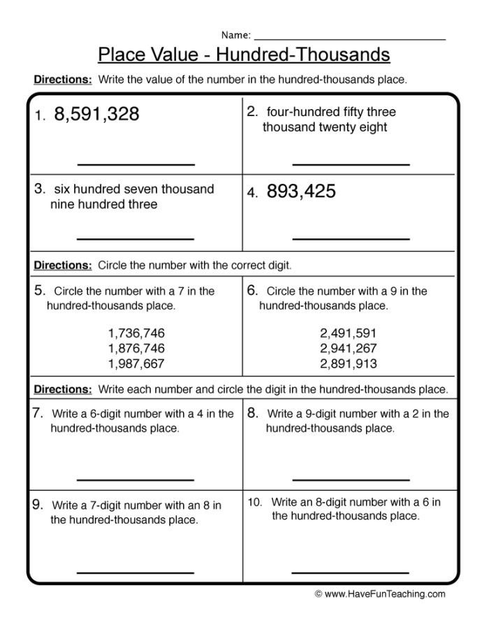 Fourth grade students practicing place value up to the ten thousands place on a math worksheet