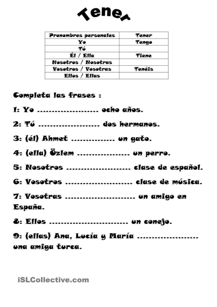 Worksheet exploring the Spanish verb tener for fourth graders in economics class