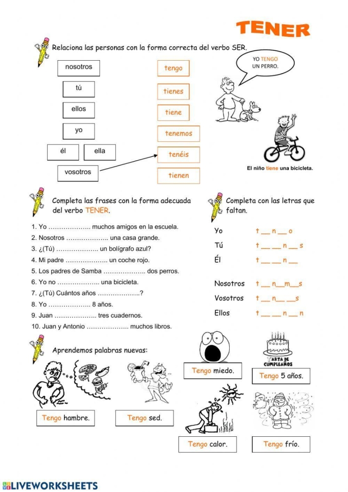 Worksheet featuring the Spanish verb tener used in various contexts for fourth graders