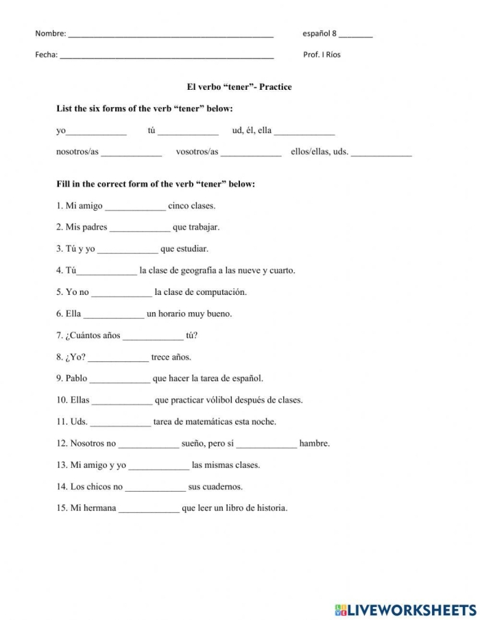 Worksheet focusing on the Spanish verb tener for fourth graders, illustrating its unique uses. Educational resource on expressing age and emotions in Spanish with the verb tener.