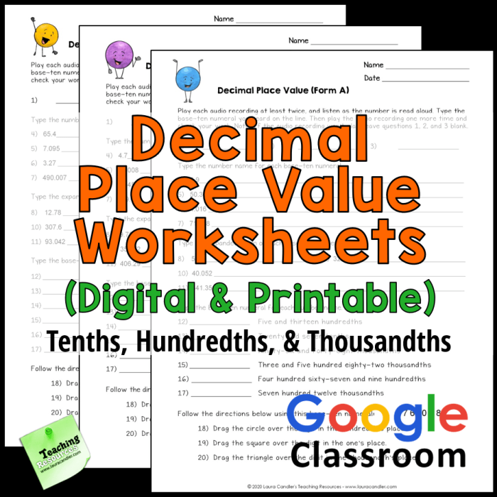 Fourth grade math worksheet featuring decimal and fraction practice for the tenths place
