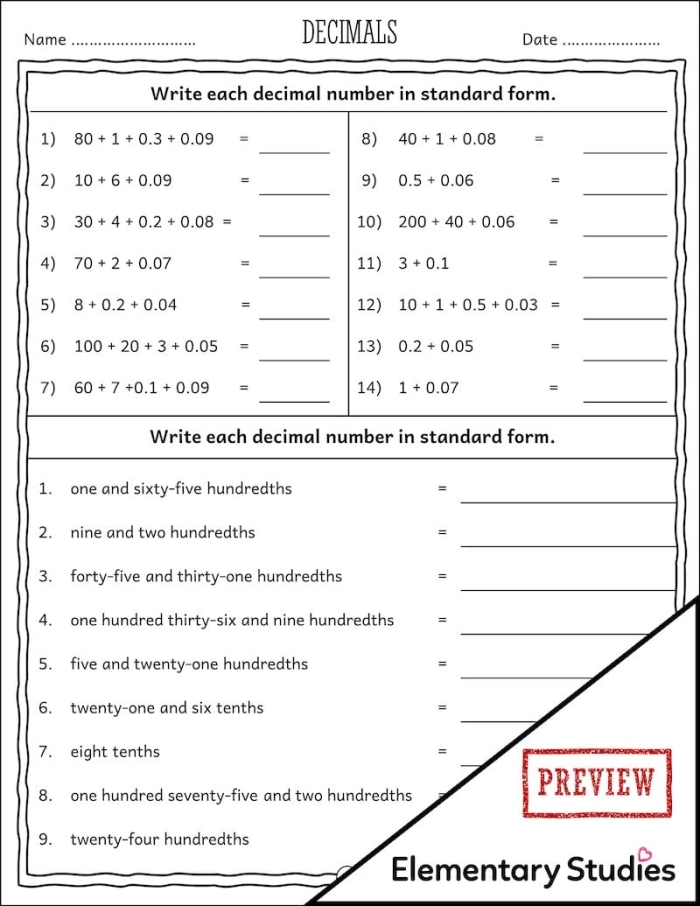 Fourth grade math worksheet featuring decimal practice in the tenths place