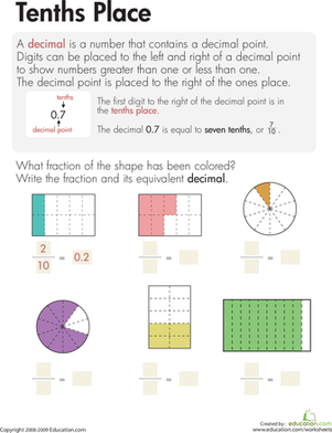 Fourth grade math worksheet featuring practice problems on the tenths place and decimal representation