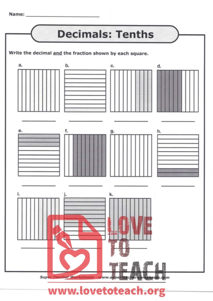 Fourth grade math worksheet showing tenths place value with fraction and decimal representations for understanding place value concepts