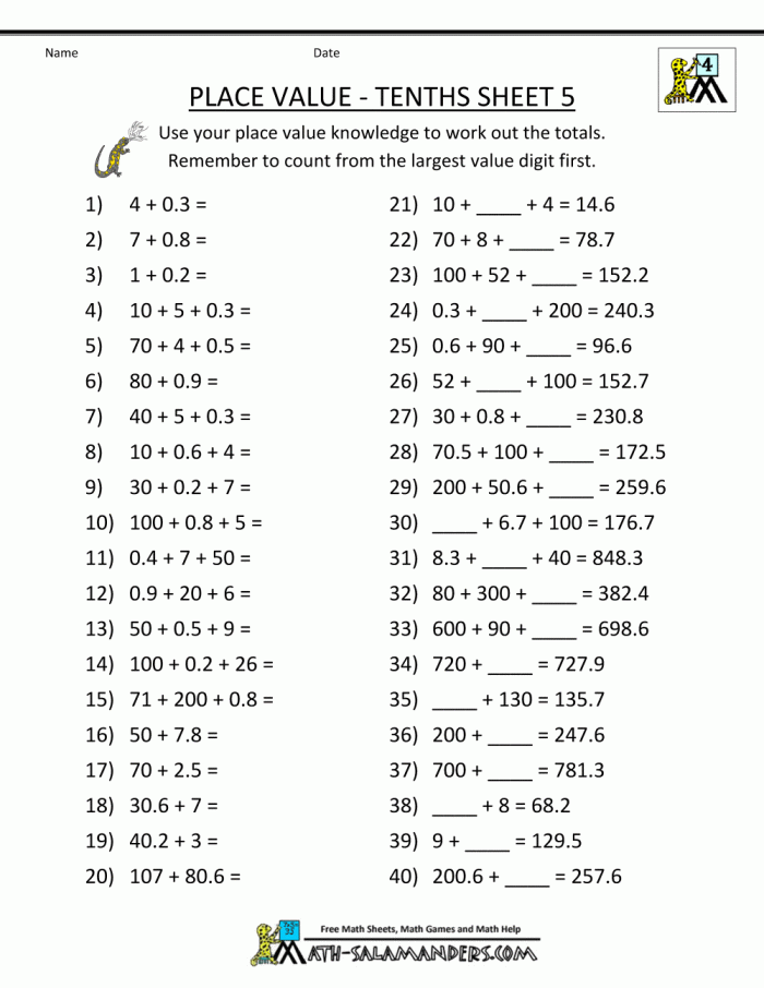Fourth grade math worksheet showing visual models of tenths place value with fractions and decimal notation side by side
