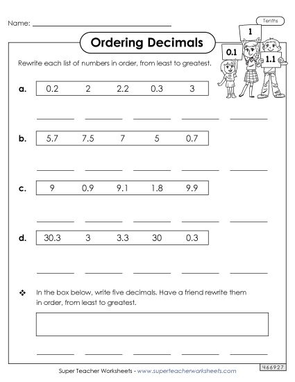 Fourth grade math worksheet showing visual representations of tenths using shaded fraction models and decimal notation to teach place value concepts