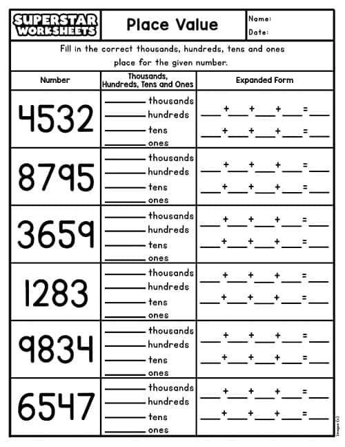 Fourth grade math worksheet showing visual representations of tenths place values with fraction and decimal equivalents for understanding place value concepts