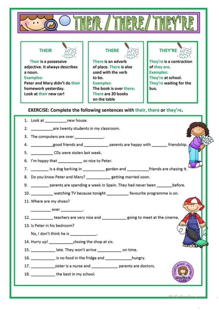 Grammar handout for understanding there, their, and they're differences Helpful worksheet teaching the differences between there, their, and they're for fourth graders