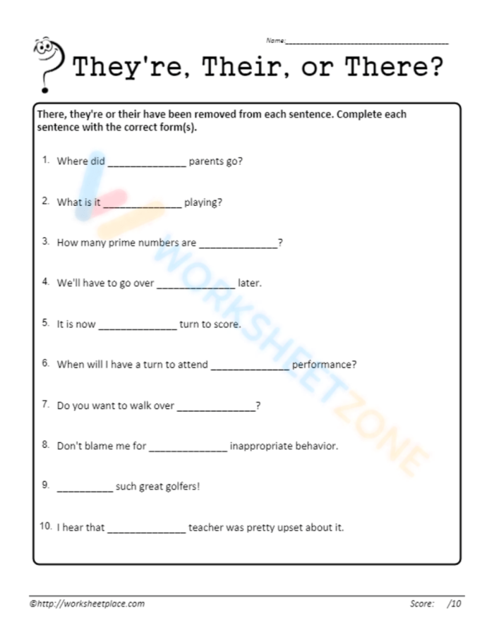 Handout for mastering the use of there, their, and they're in grammar Worksheet illustrating the differences between there, their, and they're for fourth graders