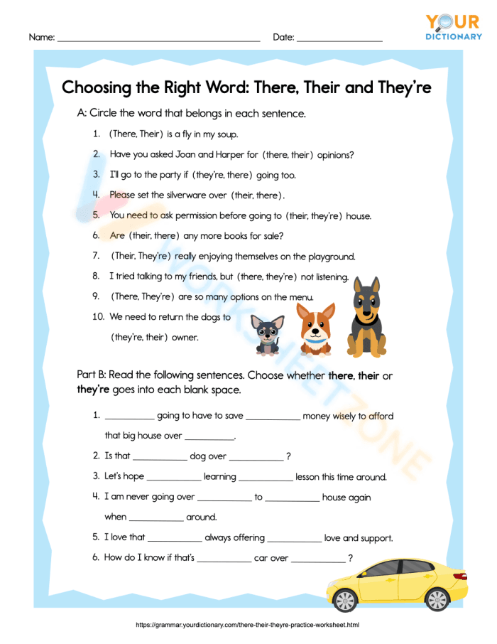 Practicing their there and they're usage in a fourth grade vocabulary worksheet Fourth grade worksheet focusing on choosing between their there and they're for eight sentences