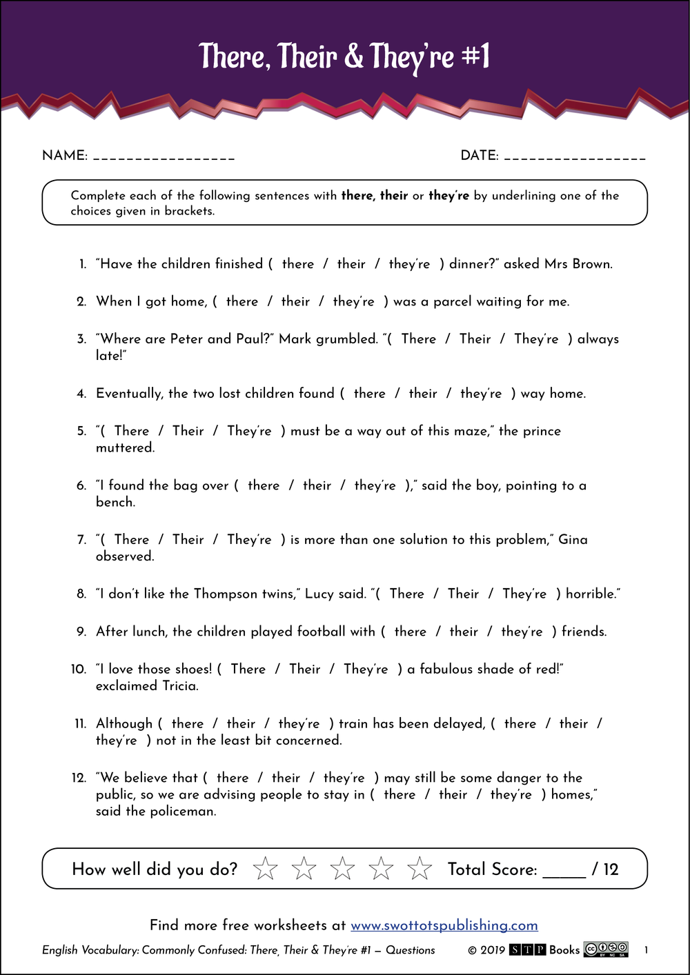 Grammar handout for mastering the use of there, their, and they're in sentences Worksheet illustrating the differences between there, their, and they're for fourth graders