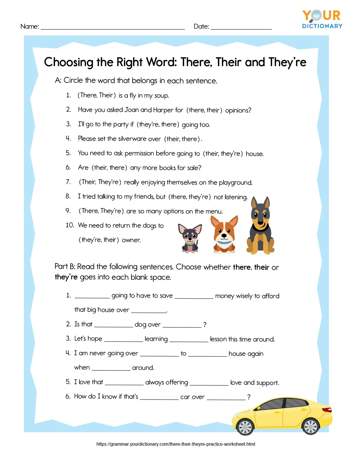 Handout on the usage of there, their, and they're for grammar practice Worksheet displaying the differences between there, their, and they're for fourth graders