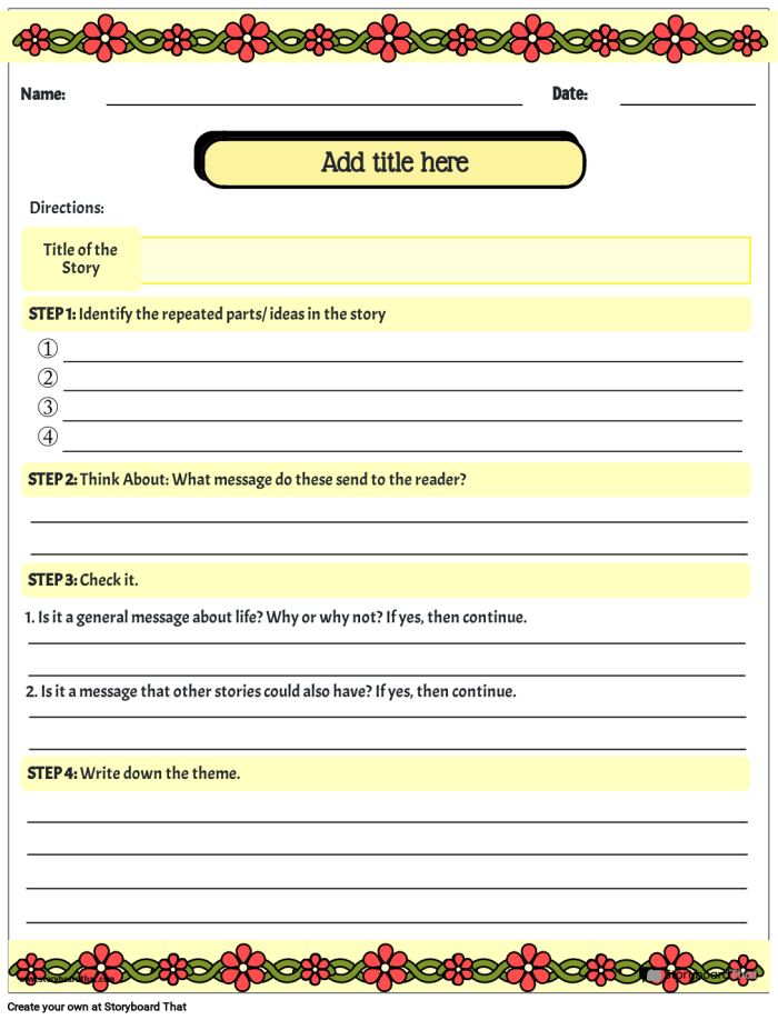A fourth grade student uses the Find the Theme Flowchart worksheet to identify central messages in a fictional story.