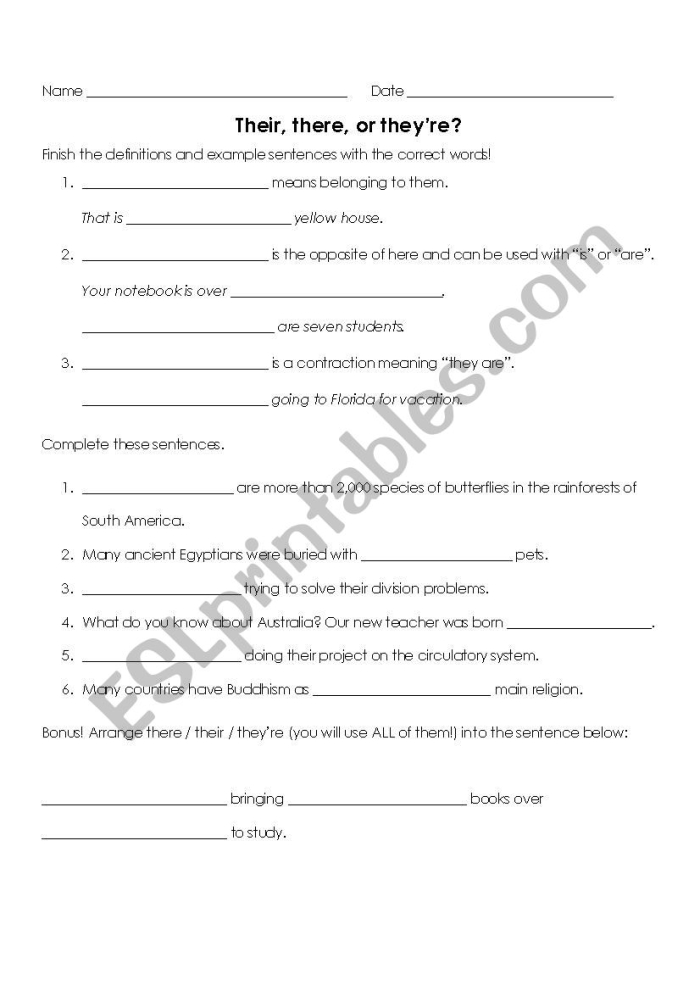 Grammar handout illustrating the differences between there, their, and they're for students Worksheet focusing on the distinctions among the words there, their, and they're for fourth graders