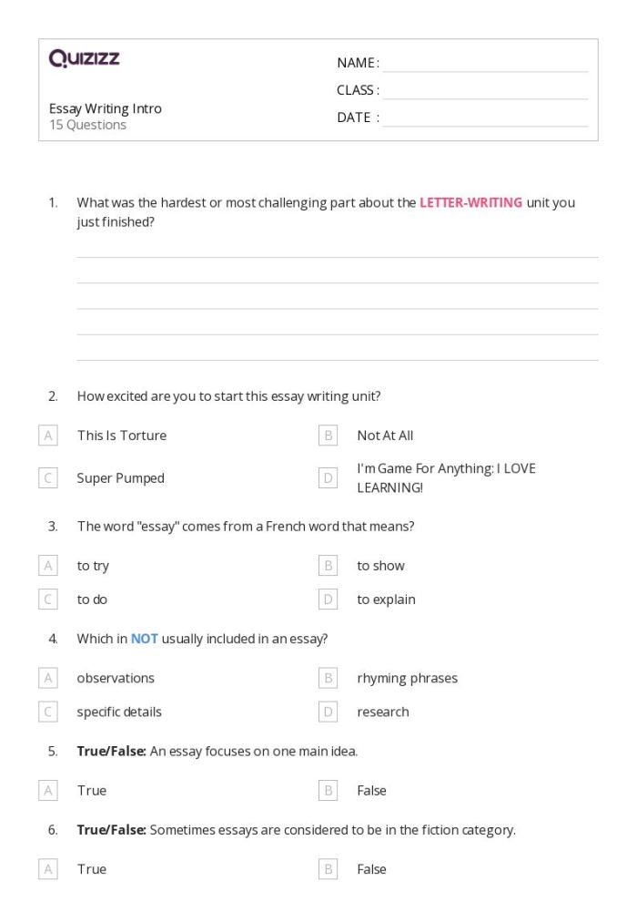 Worksheet for crafting a thesis statement in literary essays for fourth graders