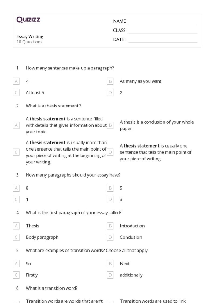 Worksheet for crafting a thesis statement in a literary essay for fourth graders