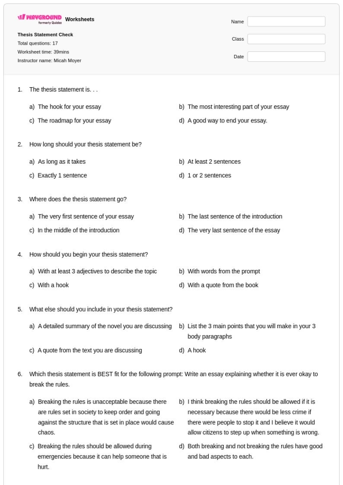 Worksheet for fourth graders on crafting thesis statements for literary essays