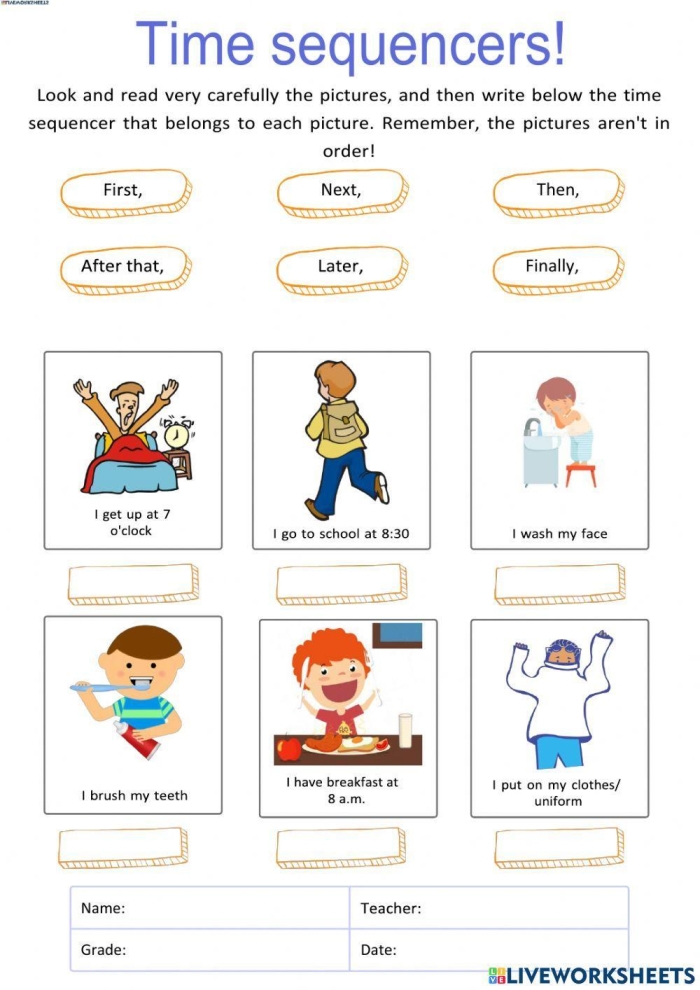 Fourth grade students practicing time and sequence words for grammar and vocabulary skills on an algebra worksheet