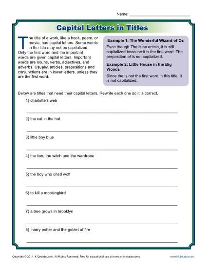 Capital! Capitalizing Titles worksheet for grammar skills improvement Worksheet for practicing title capitalization rules for fourth graders