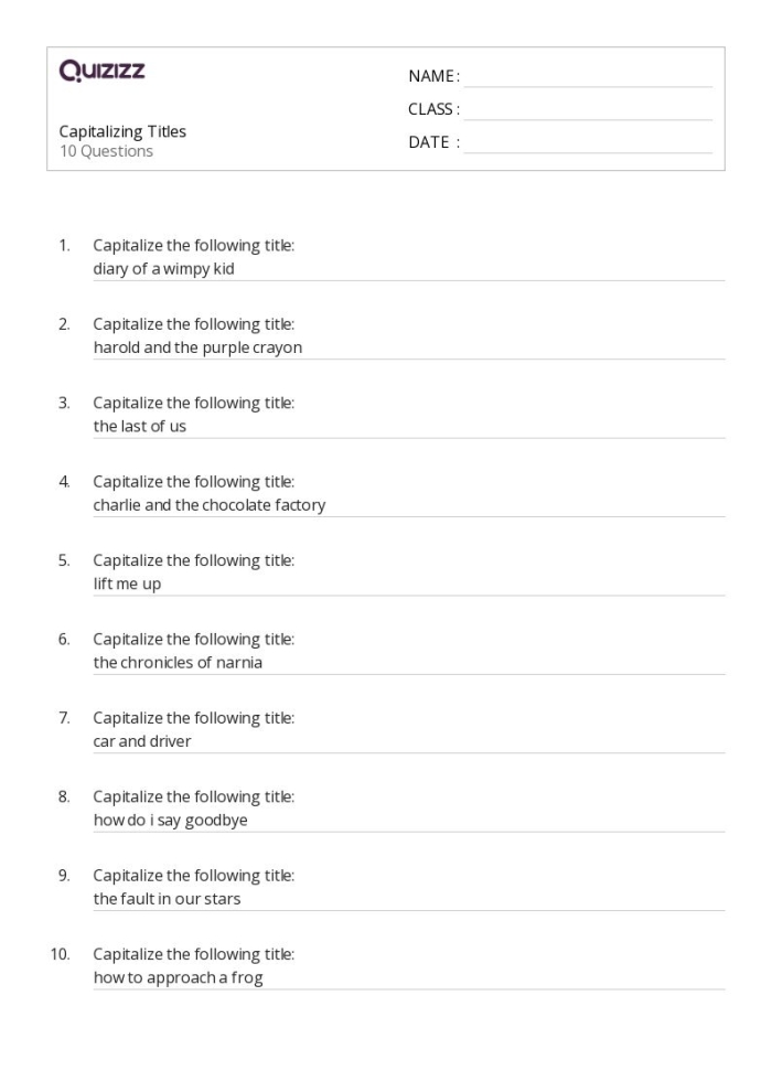 Capitalization Rules Worksheet for Fourth Graders Worksheet for practicing capitalization rules in titles