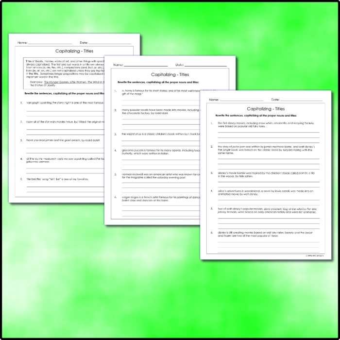 Capital! Capitalizing Titles worksheet for fourth graders Worksheet for practicing capitalization rules in titles