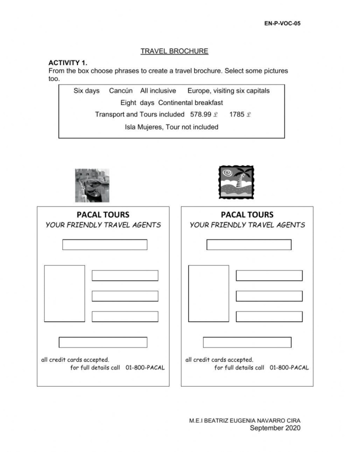 Worksheet image for the Make a Travel Brochure for Any City activity Students creating a travel brochure for a city using a worksheet