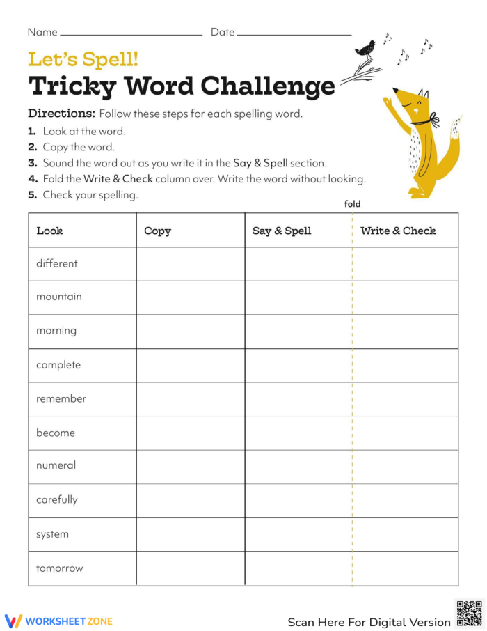 Image illustrating the steps for writing, saying, and testing spelling of tricky words Worksheet for the Let's Spell: Tricky Word Challenge featuring spelling exercises for fourth graders