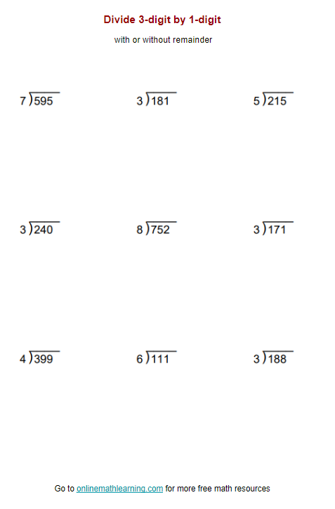 Practice your division skills with this engaging triple digit division worksheet Worksheet featuring triple digit division problems for fourth graders