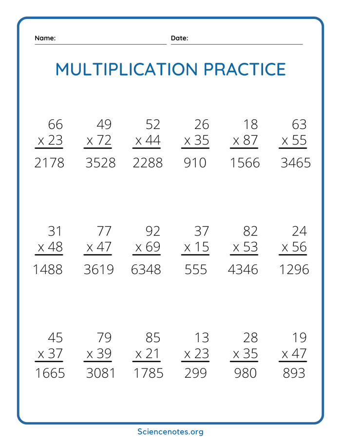 Two-digit multiplication practice worksheet for elementary math learners image 15 Fourth grade student solving two-digit multiplication problems using the traditional method with work shown