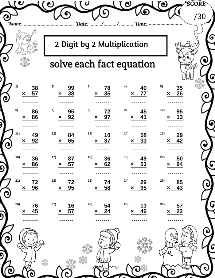 Fourth grade student working on a two-digit by one-digit multiplication worksheet number 11