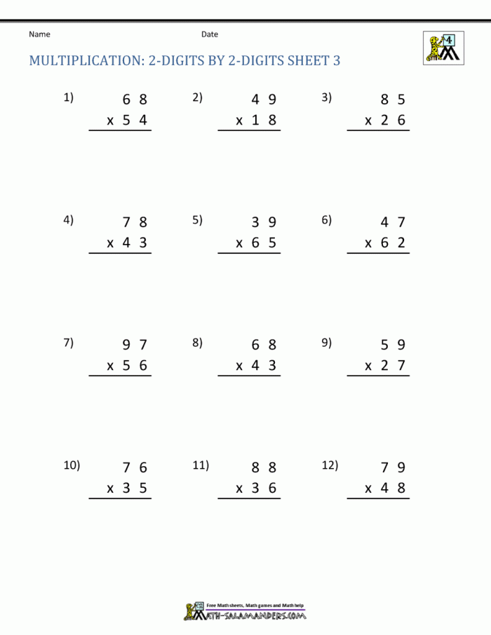 Fourth grade math worksheet featuring several two-digit by one-digit multiplication problems for students