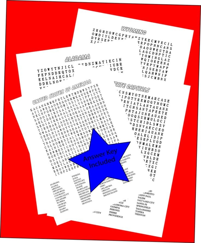 United States Word Search worksheet featuring national treasures and historical landmarks for fourth graders