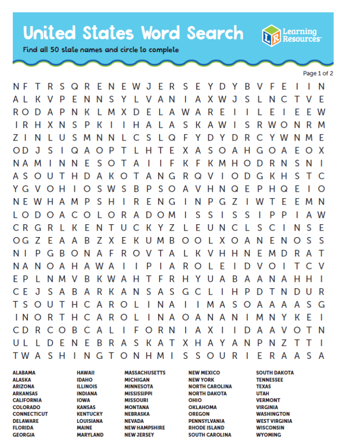 United States word search worksheet for fourth graders featuring names of national landmarks and historical sites