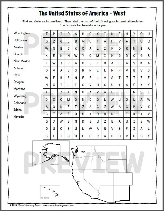 United States Word Search worksheet featuring national treasures and historical landmarks for fourth graders