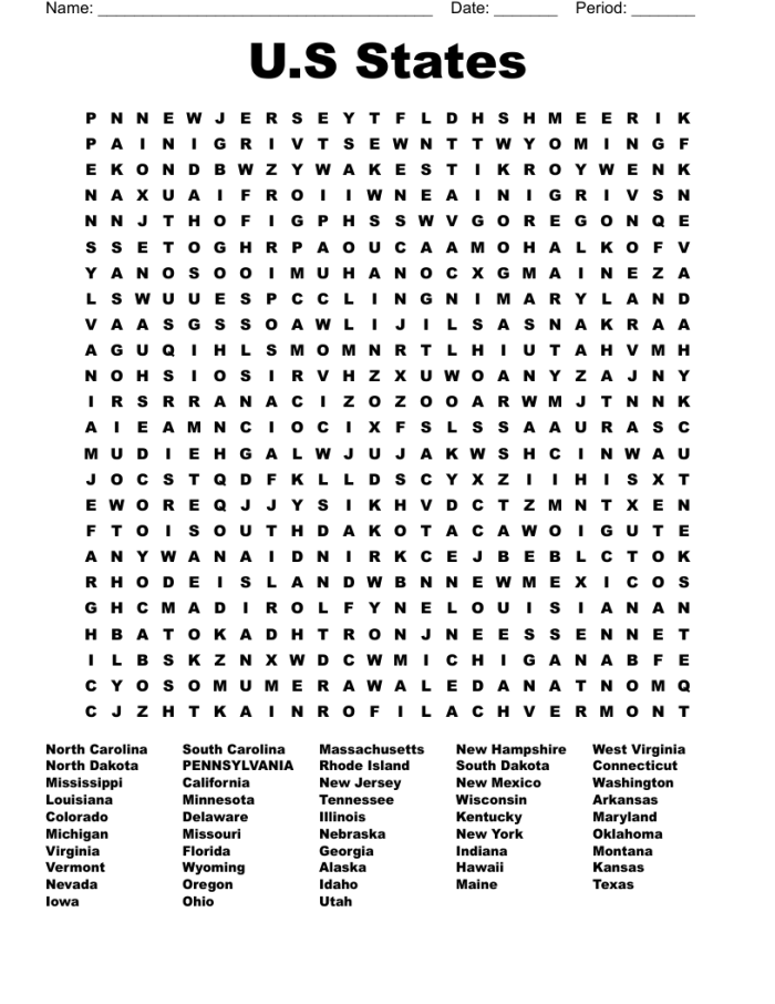 United States word search worksheet for fourth graders featuring national treasures and historical landmarks